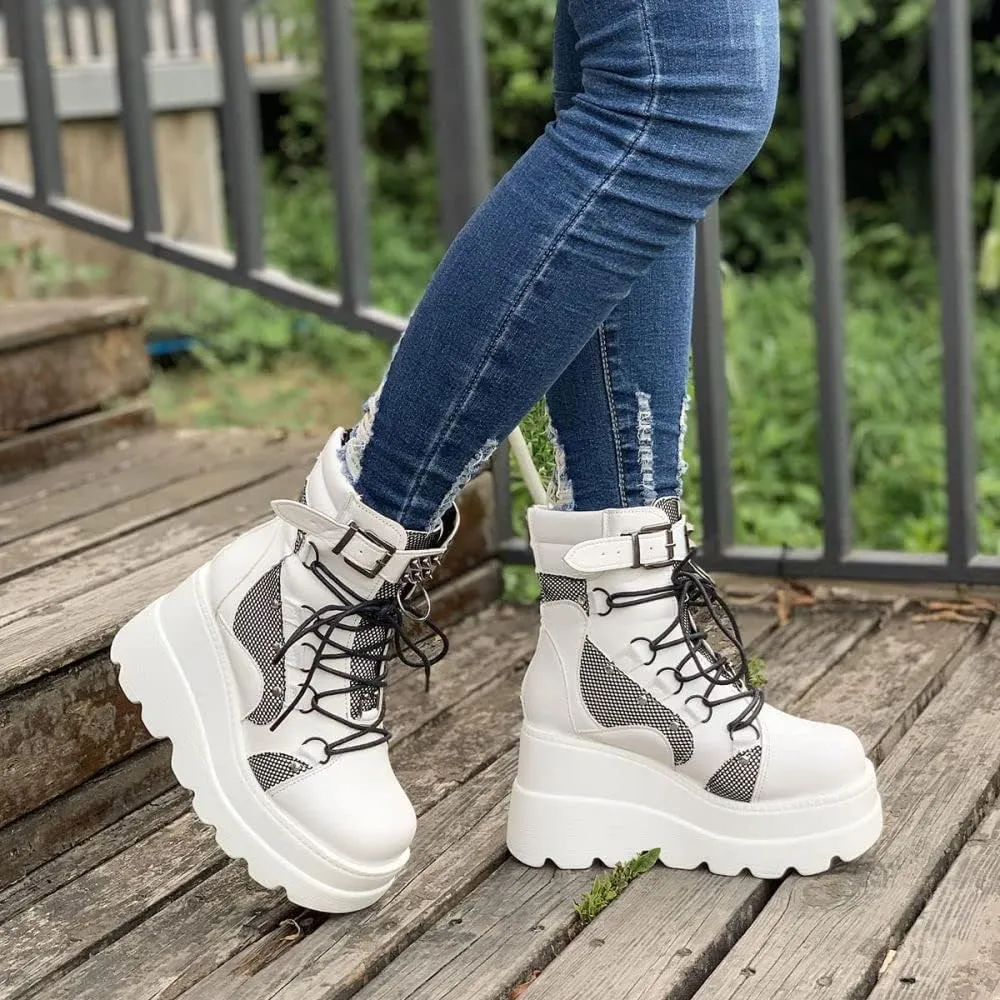 BORAMAX Gothic Platform wedge ankle boots Chunky low block heels Lace up zip Punk Motorcyle Combat Boots for Womens