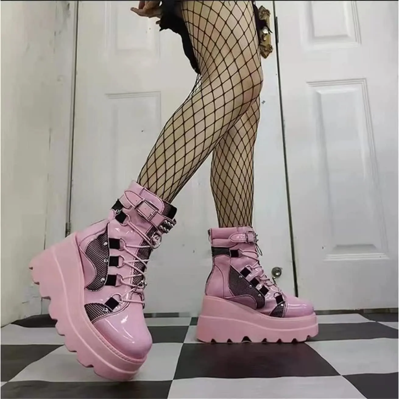 BORAMAX Gothic Platform wedge ankle boots Chunky low block heels Lace up zip Punk Motorcyle Combat Boots for Womens