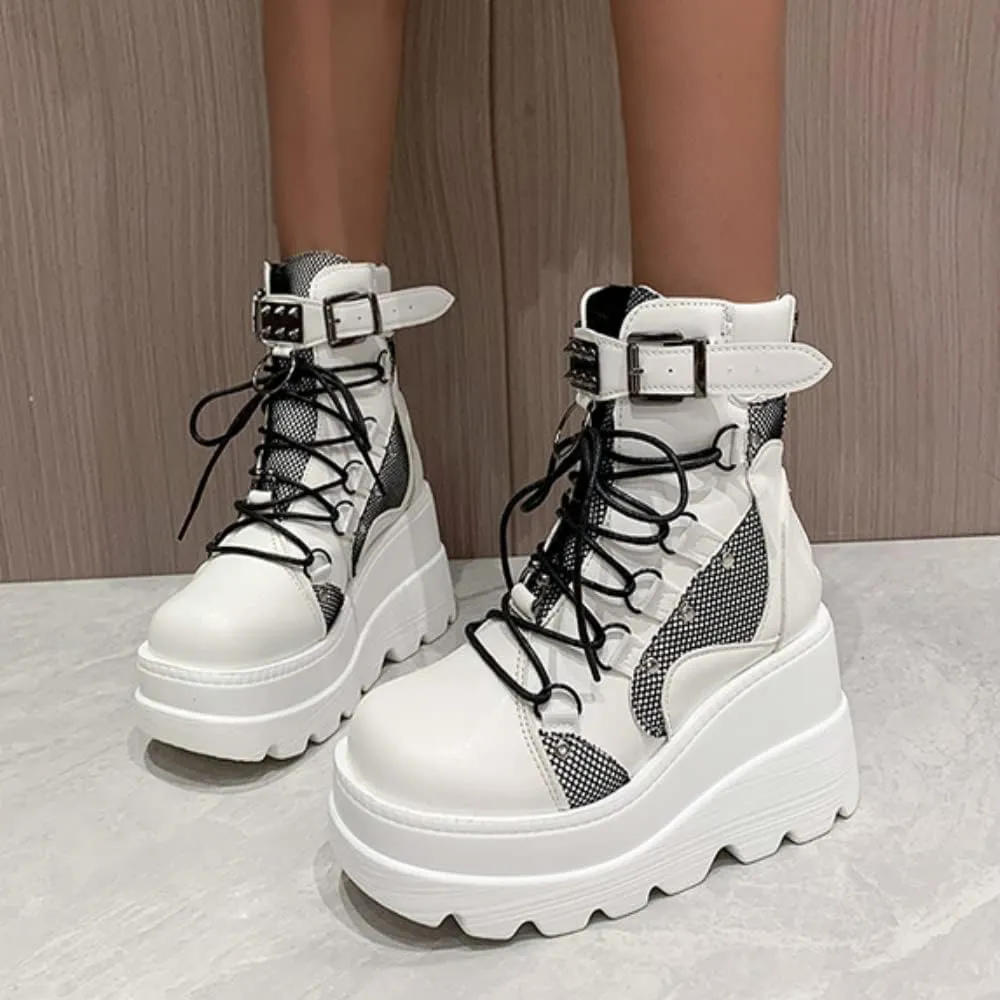 BORAMAX Gothic Platform wedge ankle boots Chunky low block heels Lace up zip Punk Motorcyle Combat Boots for Womens
