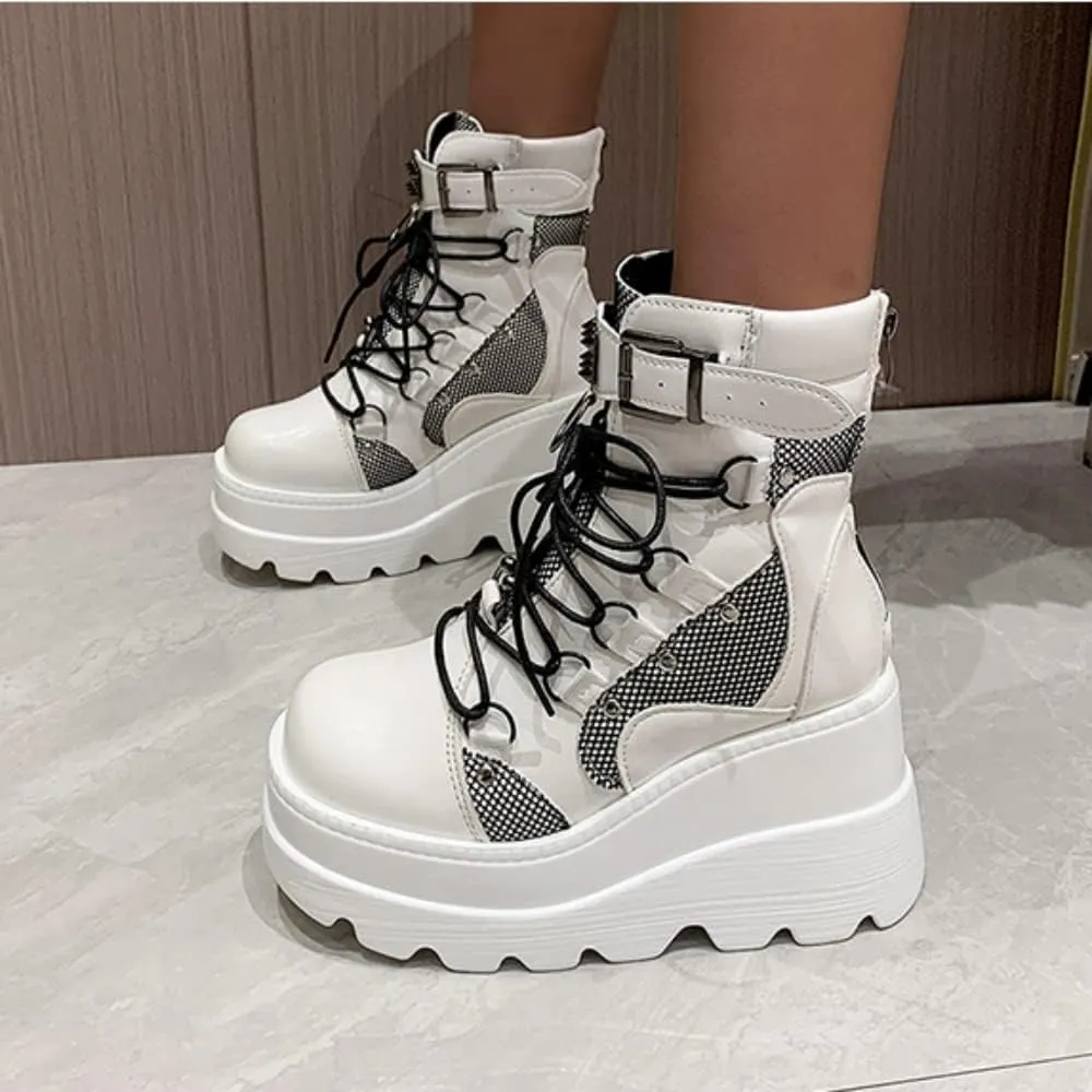 BORAMAX Gothic Platform wedge ankle boots Chunky low block heels Lace up zip Punk Motorcyle Combat Boots for Womens