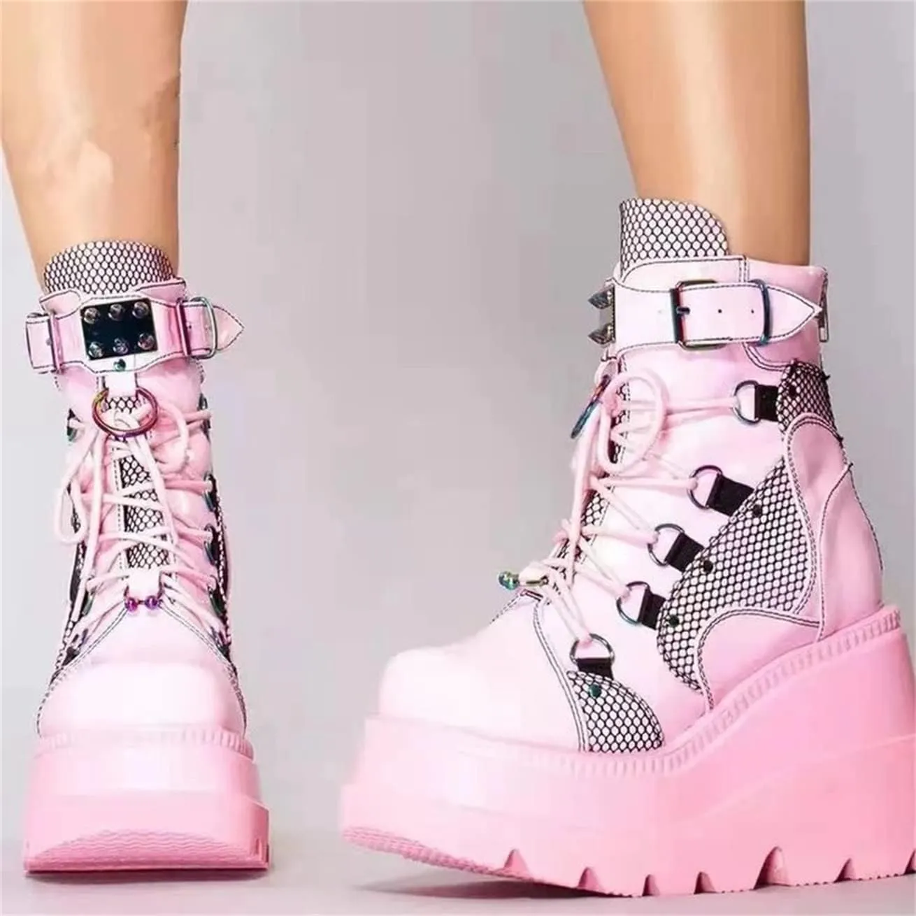 BORAMAX Gothic Platform wedge ankle boots Chunky low block heels Lace up zip Punk Motorcyle Combat Boots for Womens