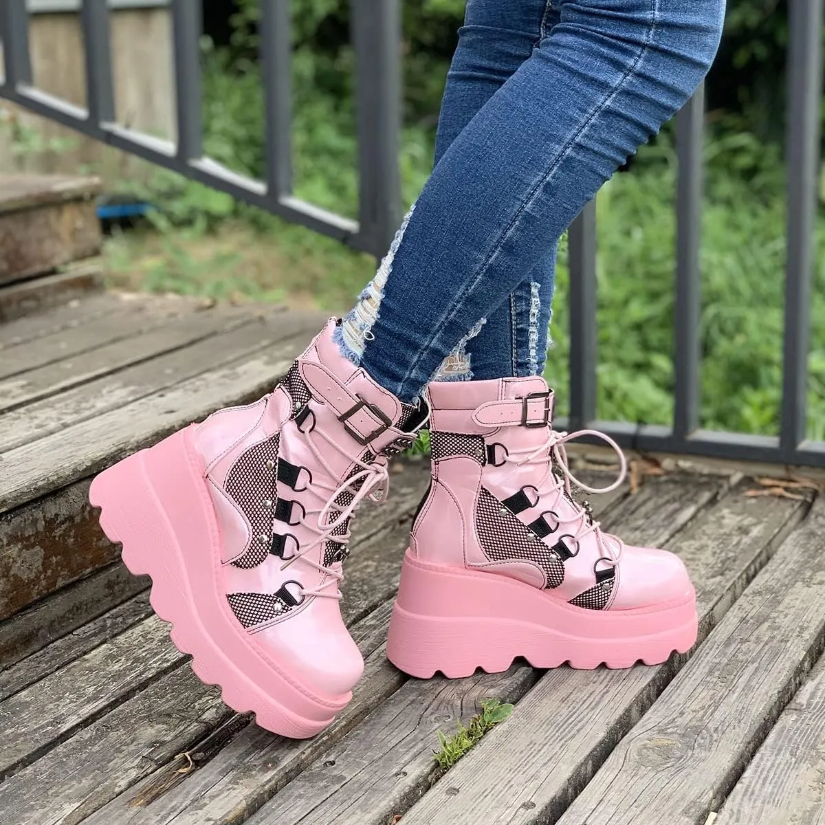 BORAMAX Gothic Platform wedge ankle boots Chunky low block heels Lace up zip Punk Motorcyle Combat Boots for Womens