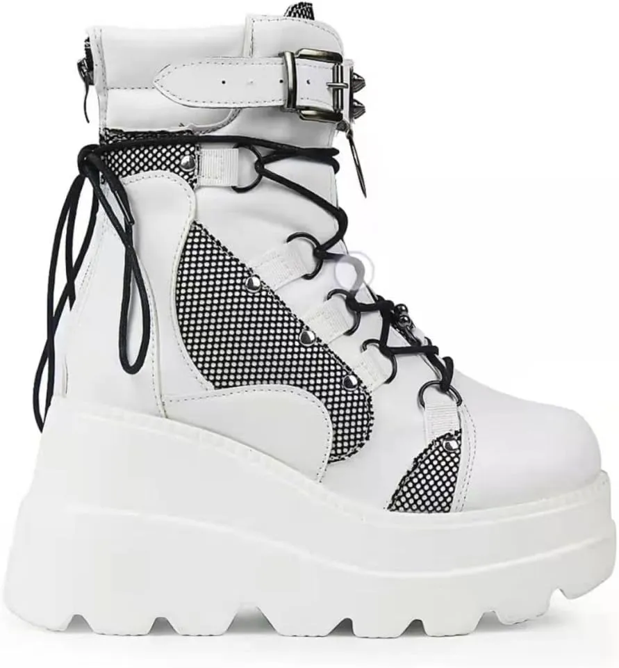 BORAMAX Gothic Platform wedge ankle boots Chunky low block heels Lace up zip Punk Motorcyle Combat Boots for Womens