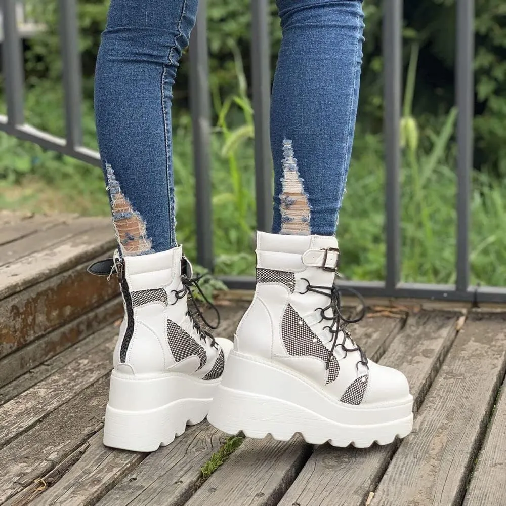 BORAMAX Gothic Platform wedge ankle boots Chunky low block heels Lace up zip Punk Motorcyle Combat Boots for Womens