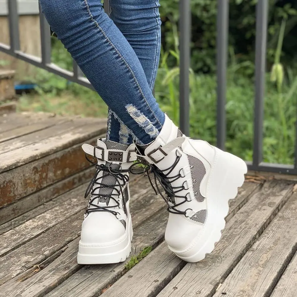 BORAMAX Gothic Platform wedge ankle boots Chunky low block heels Lace up zip Punk Motorcyle Combat Boots for Womens