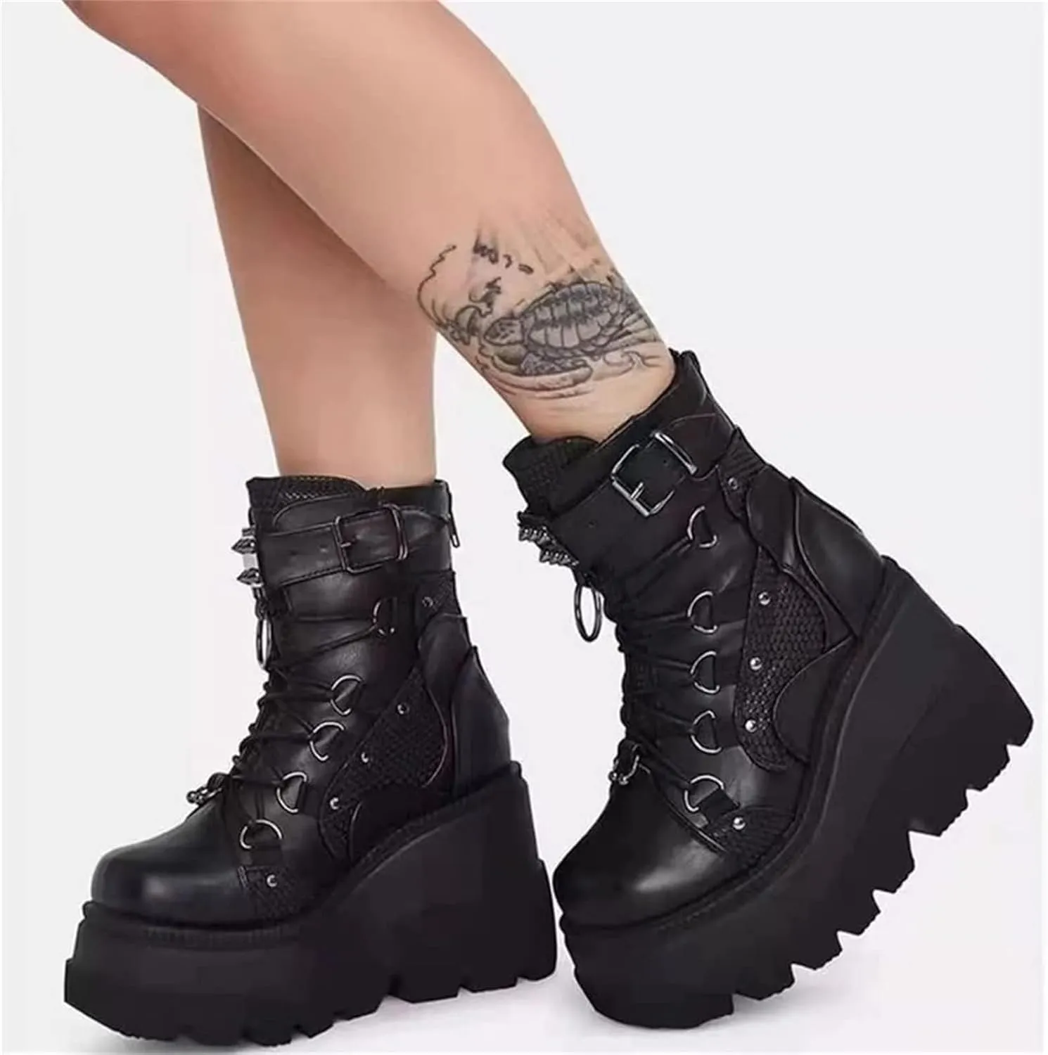 BORAMAX Gothic Platform wedge ankle boots Chunky low block heels Lace up zip Punk Motorcyle Combat Boots for Womens