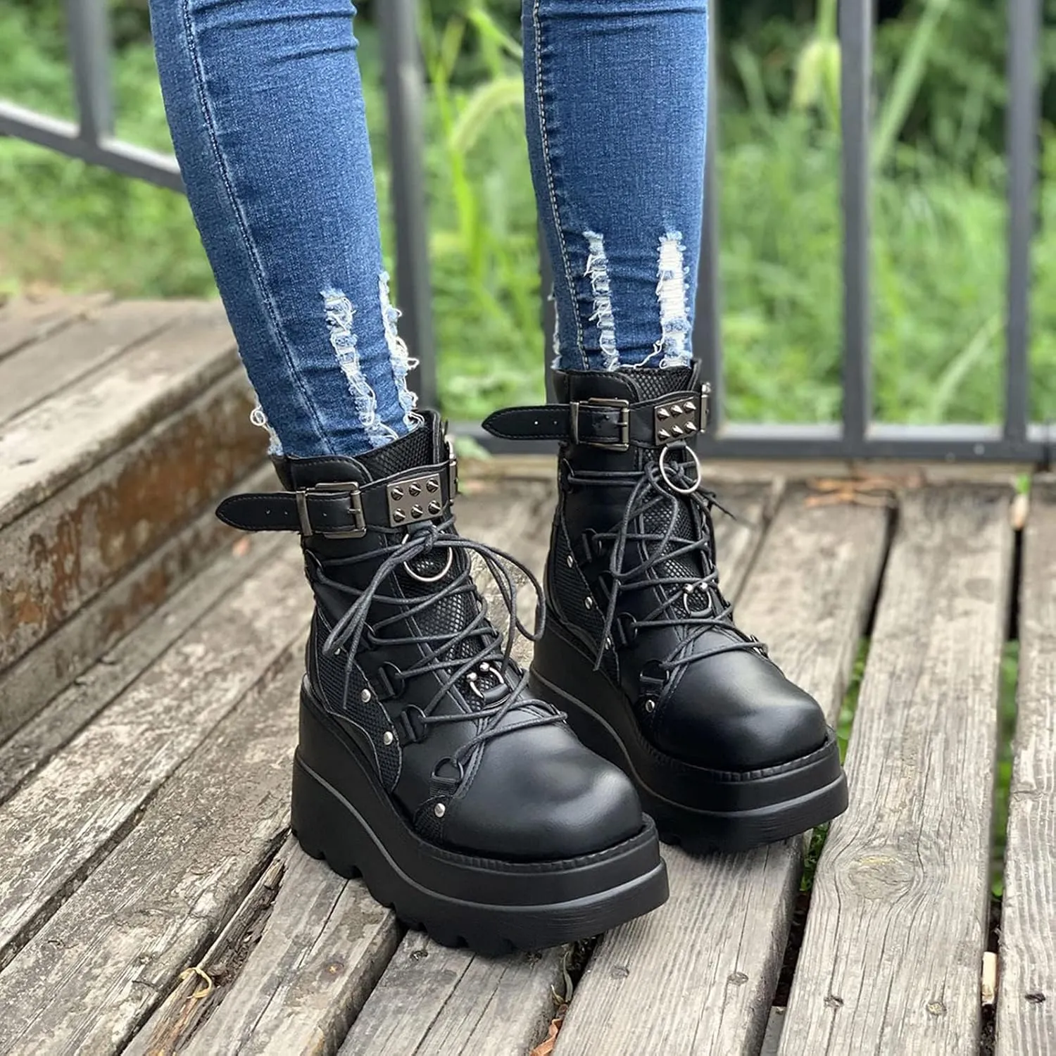 BORAMAX Gothic Platform wedge ankle boots Chunky low block heels Lace up zip Punk Motorcyle Combat Boots for Womens