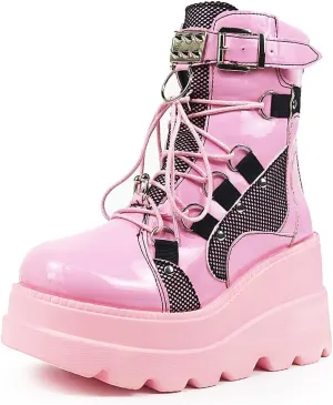 BORAMAX Gothic Platform wedge ankle boots Chunky low block heels Lace up zip Punk Motorcyle Combat Boots for Womens