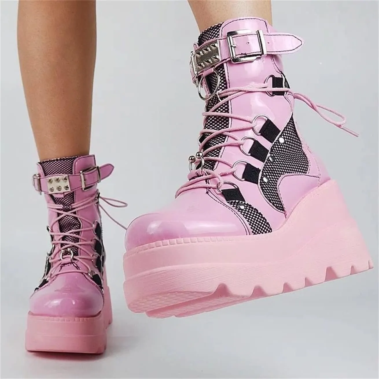 BORAMAX Gothic Platform wedge ankle boots Chunky low block heels Lace up zip Punk Motorcyle Combat Boots for Womens