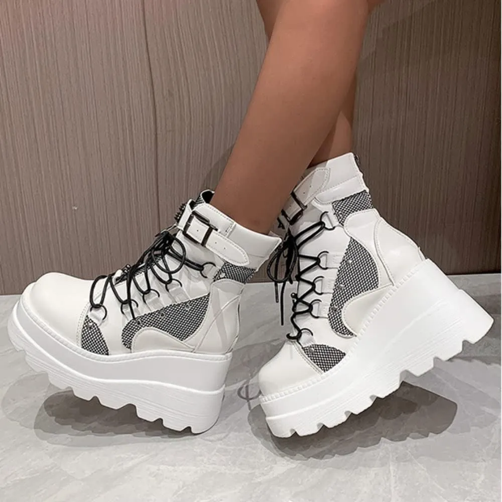 BORAMAX Gothic Platform wedge ankle boots Chunky low block heels Lace up zip Punk Motorcyle Combat Boots for Womens