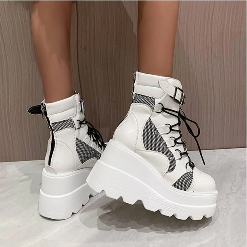 BORAMAX Gothic Platform wedge ankle boots Chunky low block heels Lace up zip Punk Motorcyle Combat Boots for Womens