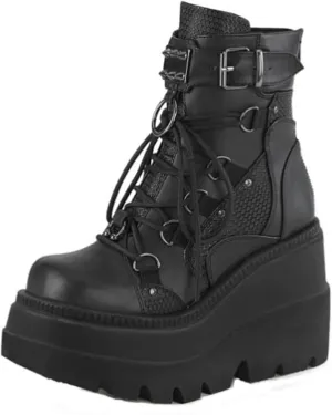 BORAMAX Gothic Platform wedge ankle boots Chunky low block heels Lace up zip Punk Motorcyle Combat Boots for Womens