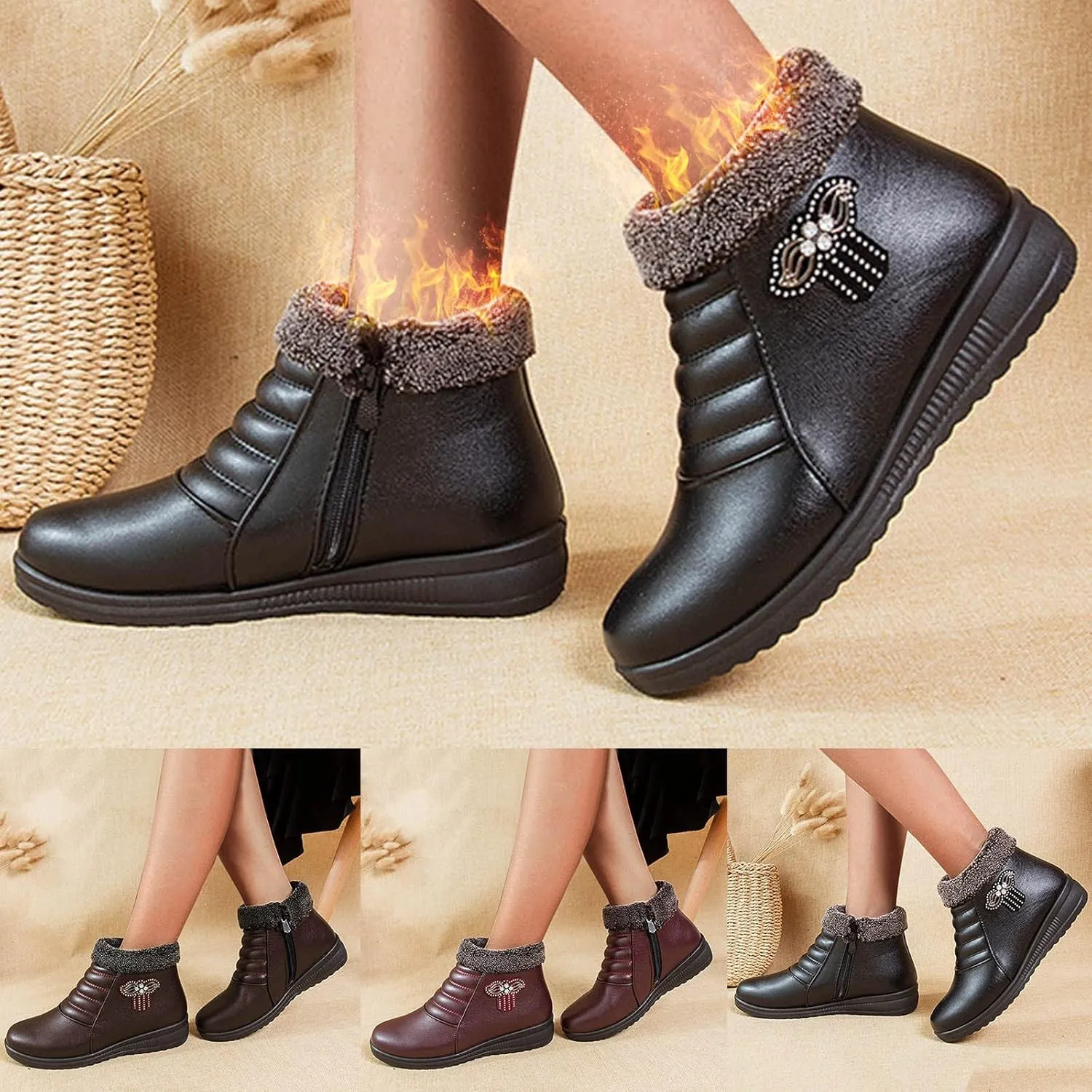 BORAMAX Warm Boots for Women Womens Boots Woman Ankle Snow Waterproof Winter Boots Shoes Mother Cotton Shoes Boots