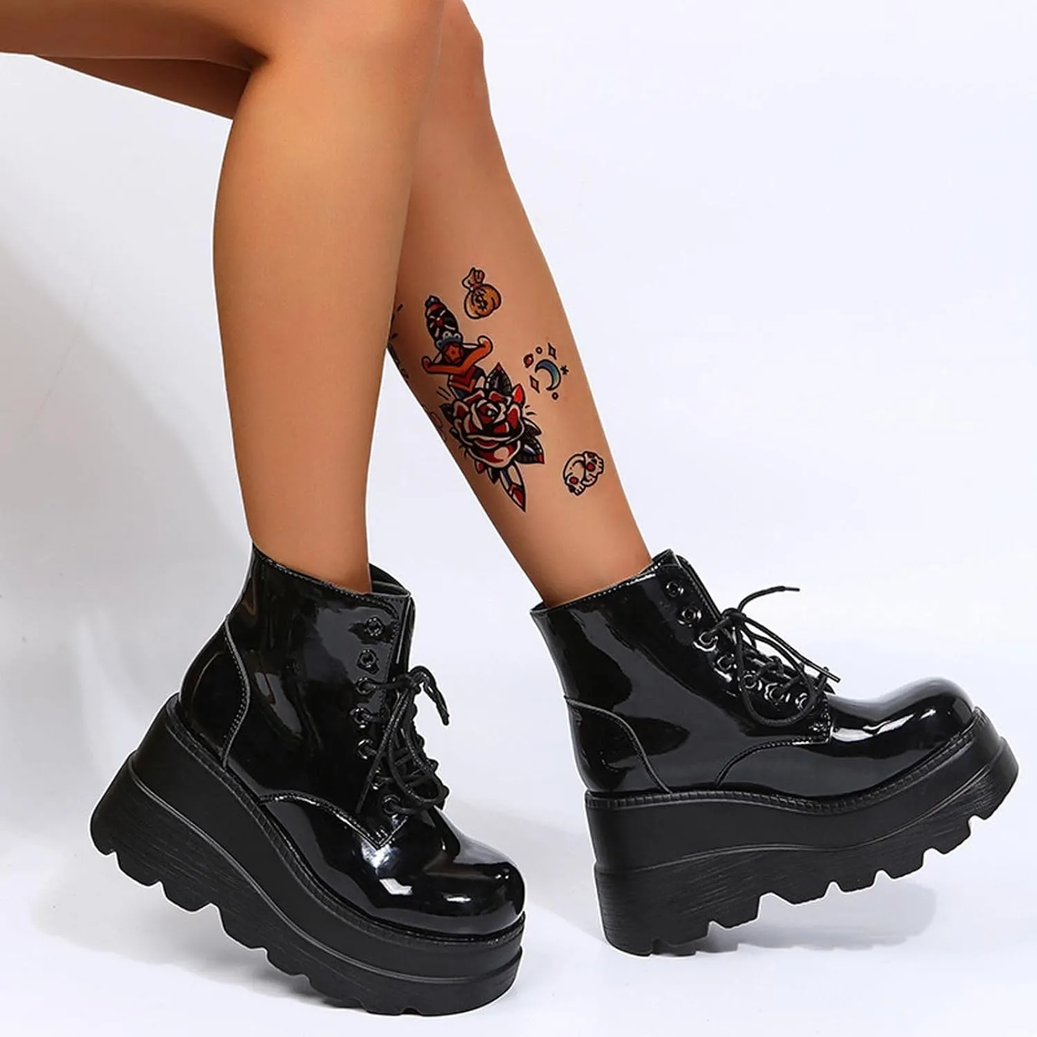 BORAMAX Women's Halloween Demon Wings Platform Boots Lace-Up Chunky Heel Combat Boots Goth Punk Wedge Heel Ankle Boots