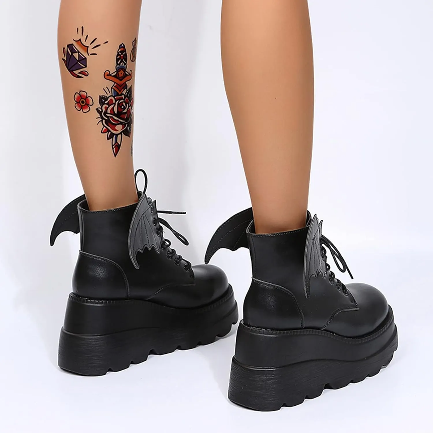 BORAMAX Women's Halloween Demon Wings Platform Boots Lace-Up Chunky Heel Combat Boots Goth Punk Wedge Heel Ankle Boots