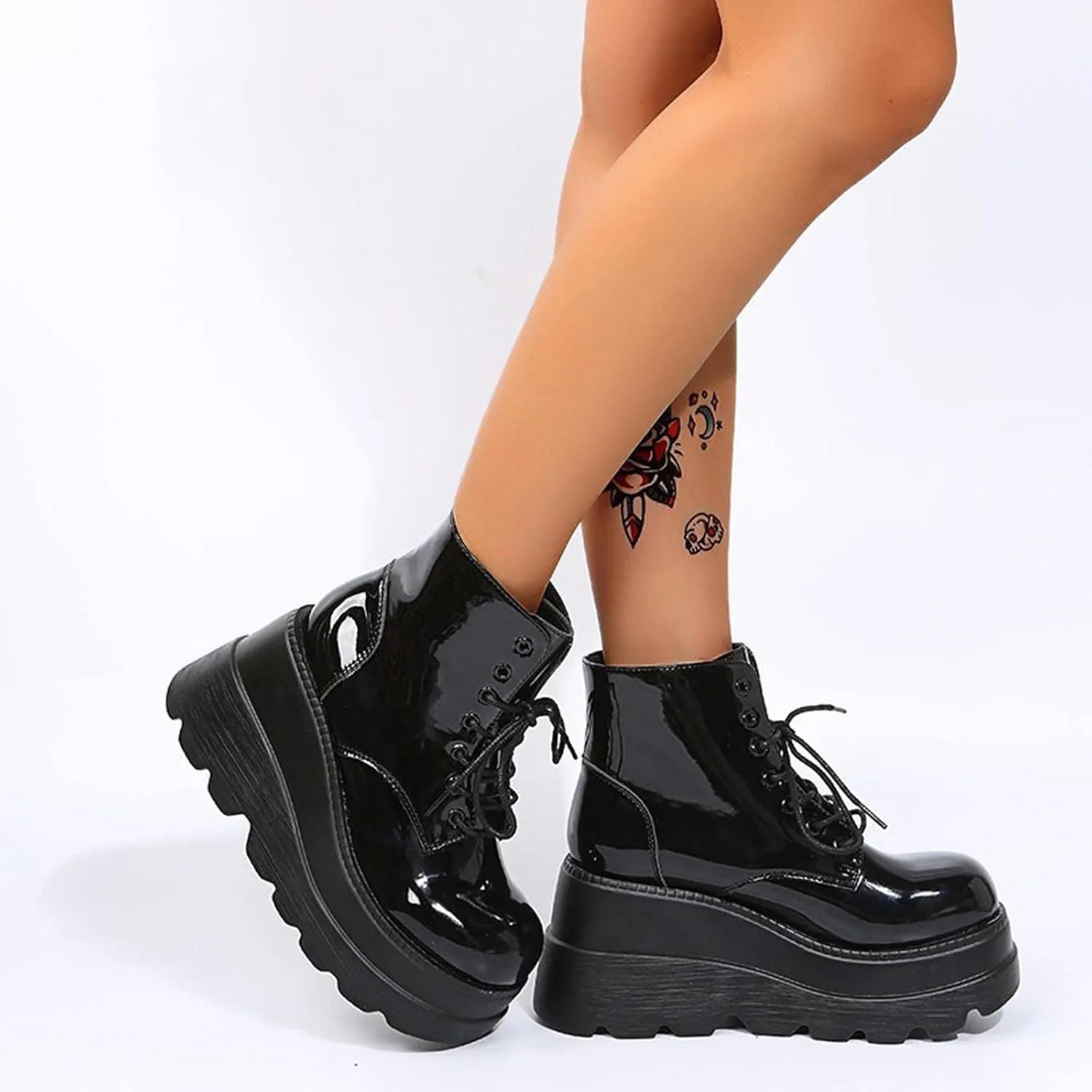 BORAMAX Women's Halloween Demon Wings Platform Boots Lace-Up Chunky Heel Combat Boots Goth Punk Wedge Heel Ankle Boots