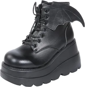 BORAMAX Women's Halloween Demon Wings Platform Boots Lace-Up Chunky Heel Combat Boots Goth Punk Wedge Heel Ankle Boots
