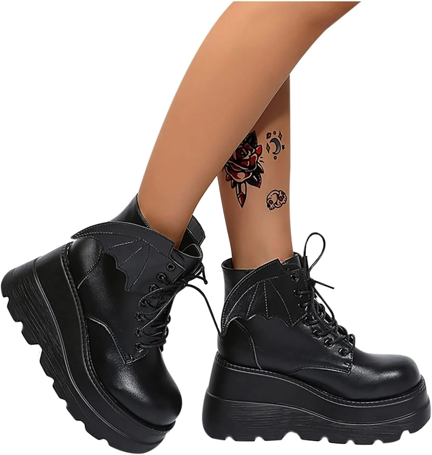 BORAMAX Women's Halloween Demon Wings Platform Boots Lace-Up Chunky Heel Combat Boots Goth Punk Wedge Heel Ankle Boots