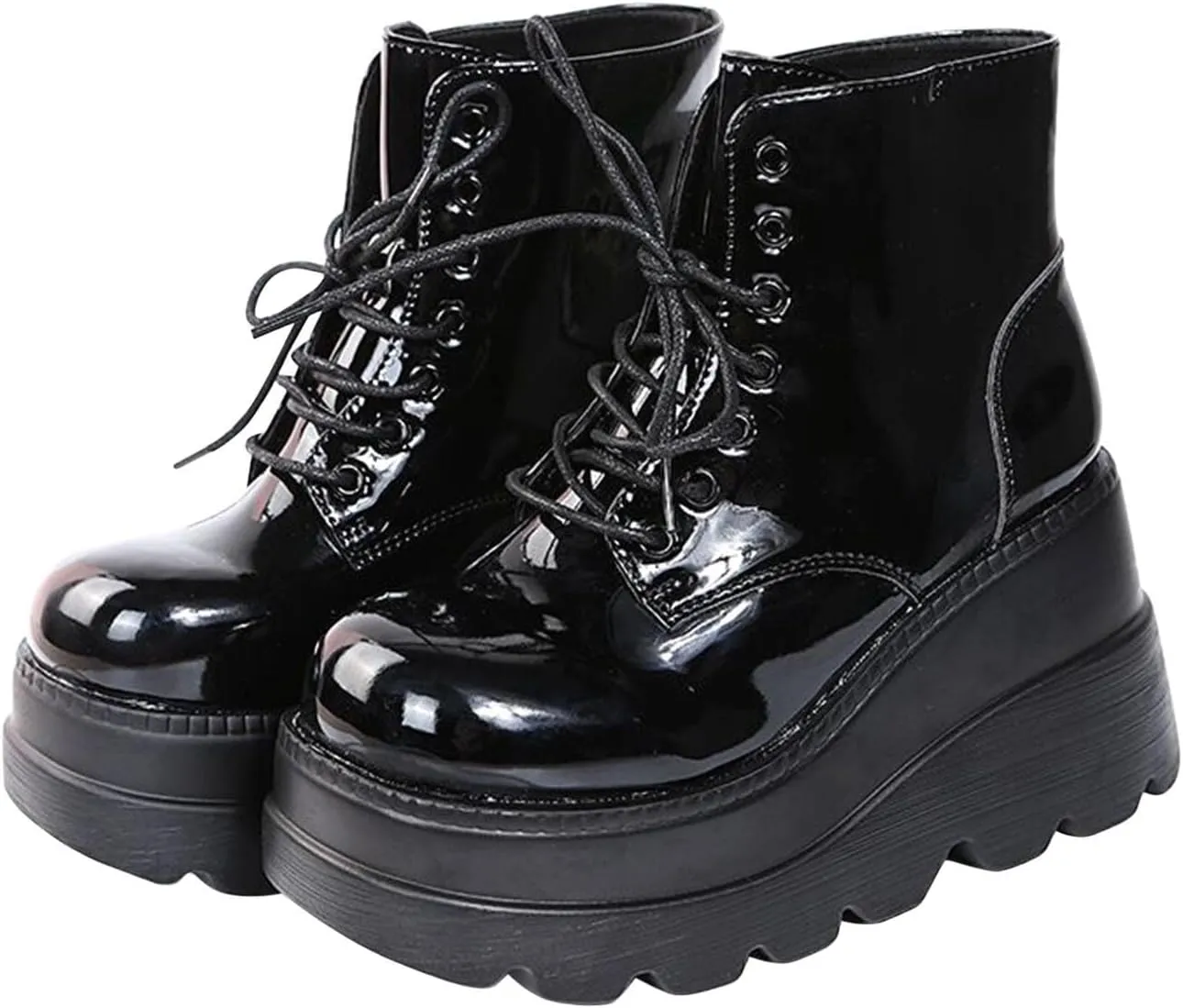 BORAMAX Women's Halloween Demon Wings Platform Boots Lace-Up Chunky Heel Combat Boots Goth Punk Wedge Heel Ankle Boots