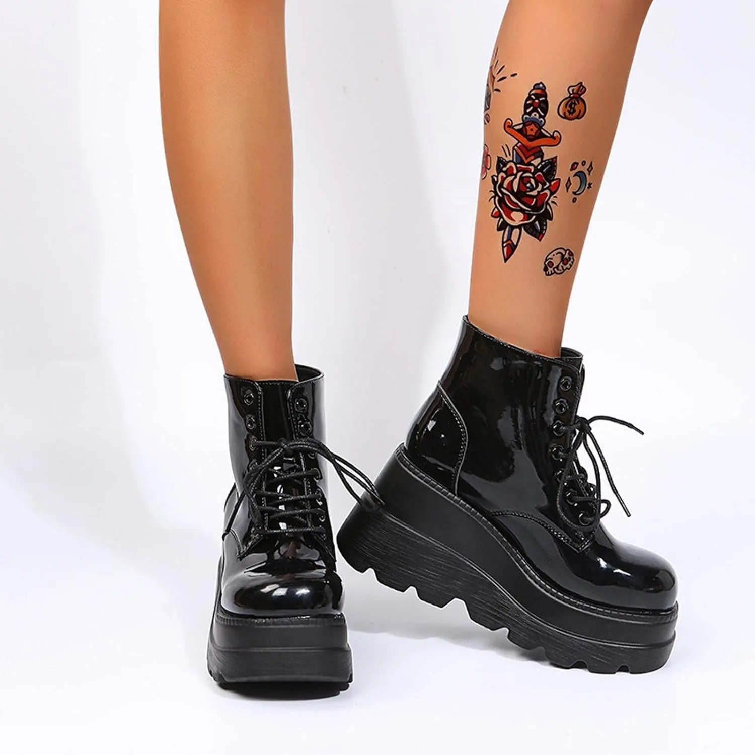 BORAMAX Women's Halloween Demon Wings Platform Boots Lace-Up Chunky Heel Combat Boots Goth Punk Wedge Heel Ankle Boots