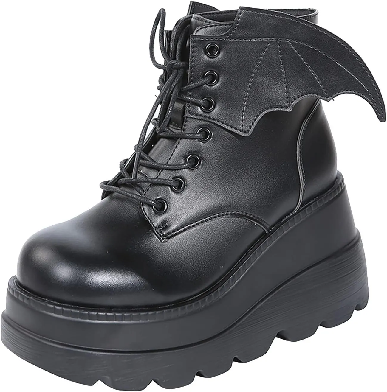 BORAMAX Women's Halloween Demon Wings Platform Boots Lace-Up Chunky Heel Combat Boots Goth Punk Wedge Heel Ankle Boots
