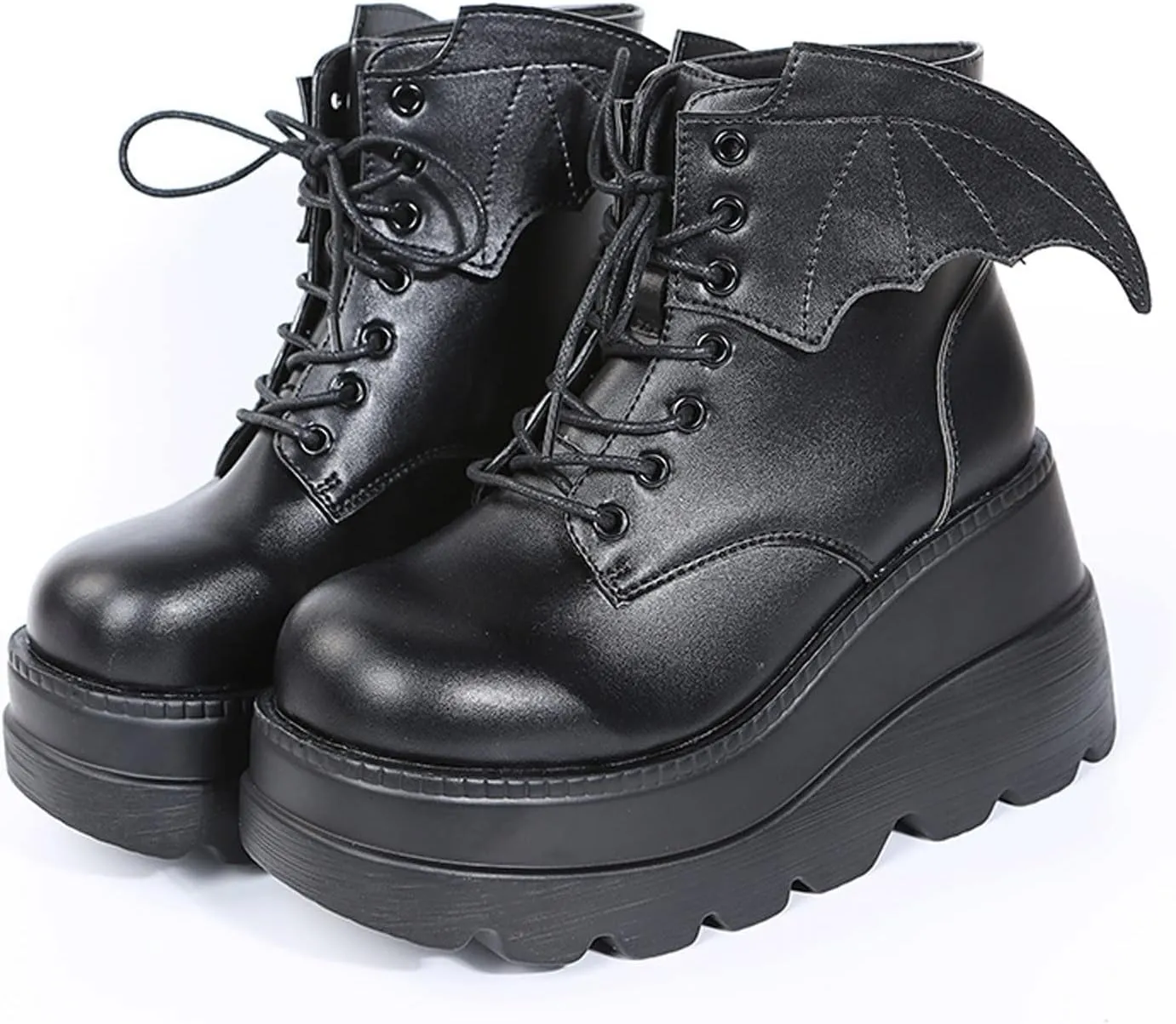BORAMAX Women's Halloween Demon Wings Platform Boots Lace-Up Chunky Heel Combat Boots Goth Punk Wedge Heel Ankle Boots