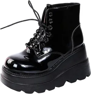 BORAMAX Women's Halloween Demon Wings Platform Boots Lace-Up Chunky Heel Combat Boots Goth Punk Wedge Heel Ankle Boots