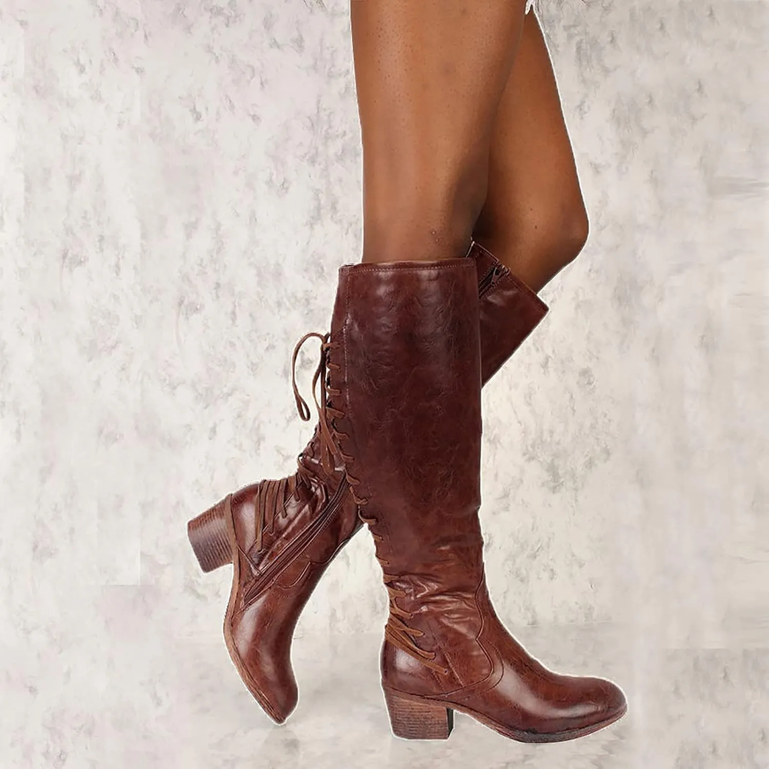BORAMAX Women's Mid Heel Boots Knee High Riding Boots Round Toe Lace Up Back Winter Warm Boots Wide Calf Side Zip Back Boots