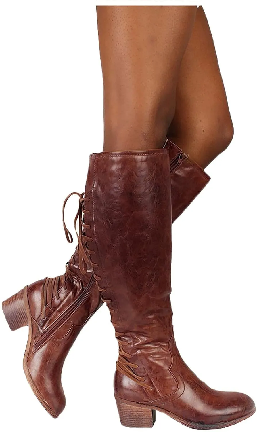 BORAMAX Women's Mid Heel Boots Knee High Riding Boots Round Toe Lace Up Back Winter Warm Boots Wide Calf Side Zip Back Boots