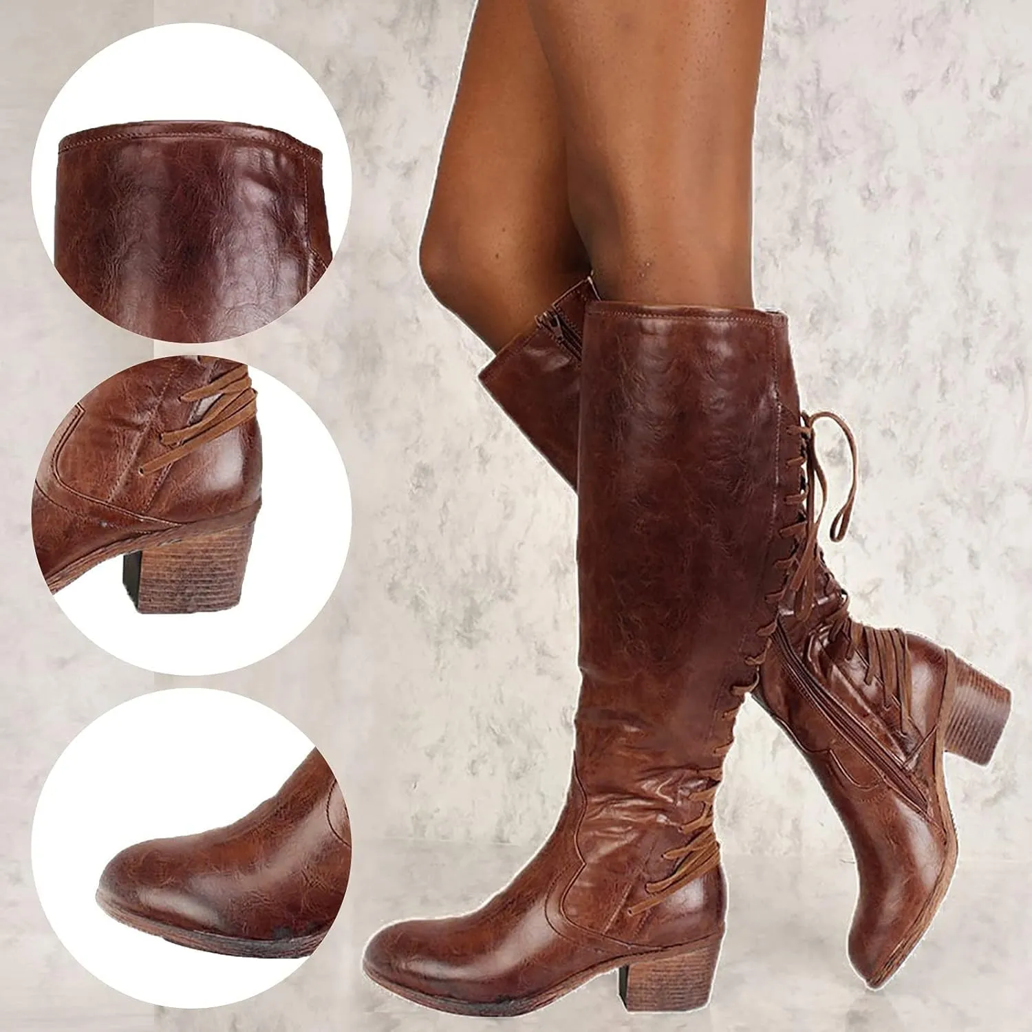 BORAMAX Women's Mid Heel Boots Knee High Riding Boots Round Toe Lace Up Back Winter Warm Boots Wide Calf Side Zip Back Boots