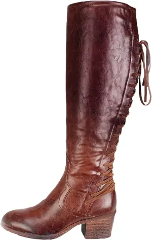 BORAMAX Women's Mid Heel Boots Knee High Riding Boots Round Toe Lace Up Back Winter Warm Boots Wide Calf Side Zip Back Boots
