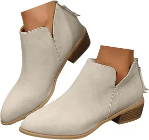 Cathalem Women's Ankle Boots Chunky Cutout Heel Pointed Toe Short Booties Shoes Ankle Booties Vintage Slip On Flat Short Boots Ladies Fashion Low Heel Boot Womens Casual Shoes