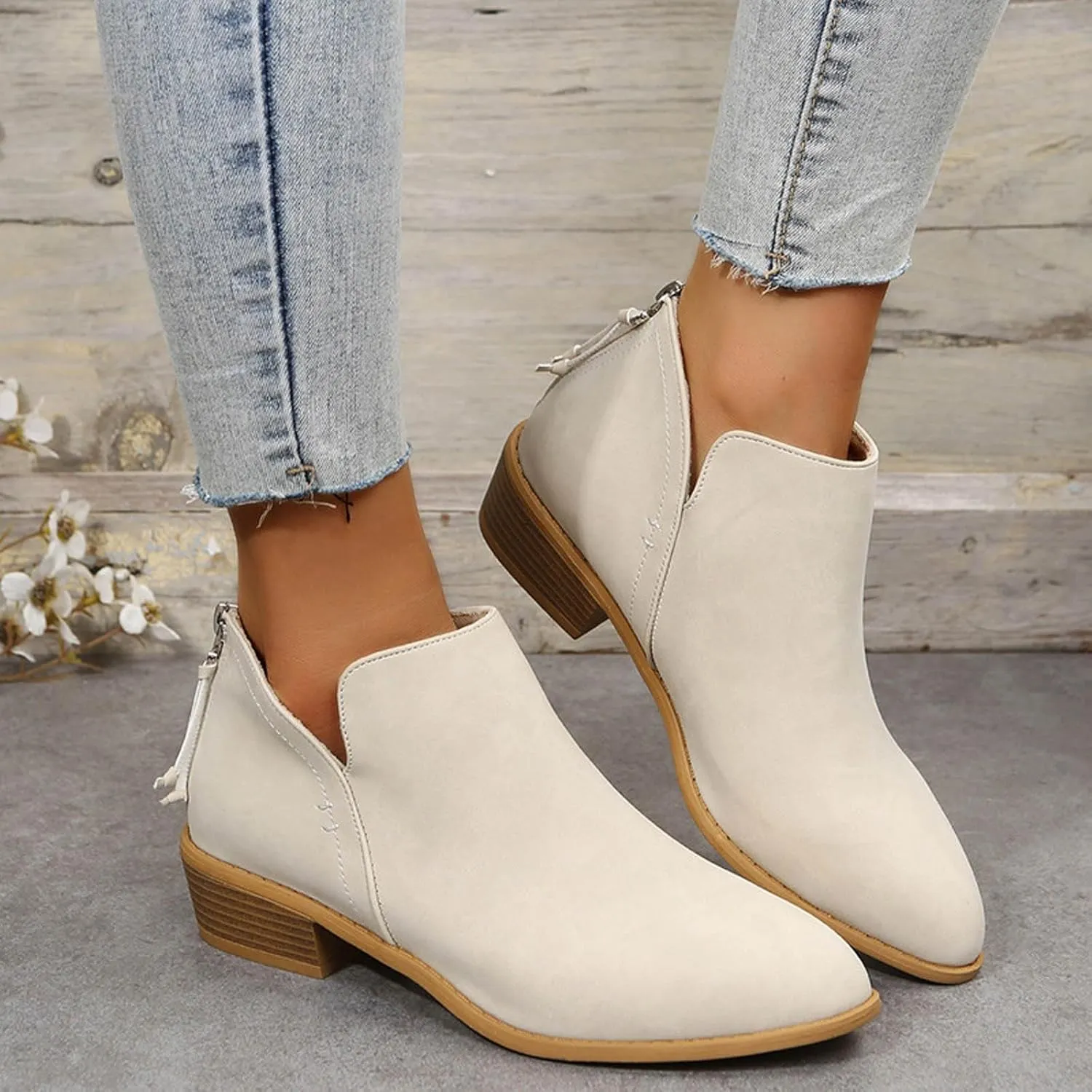 Cathalem Women's Ankle Boots Chunky Cutout Heel Pointed Toe Short Booties Shoes Ankle Booties Vintage Slip On Flat Short Boots Ladies Fashion Low Heel Boot Womens Casual Shoes