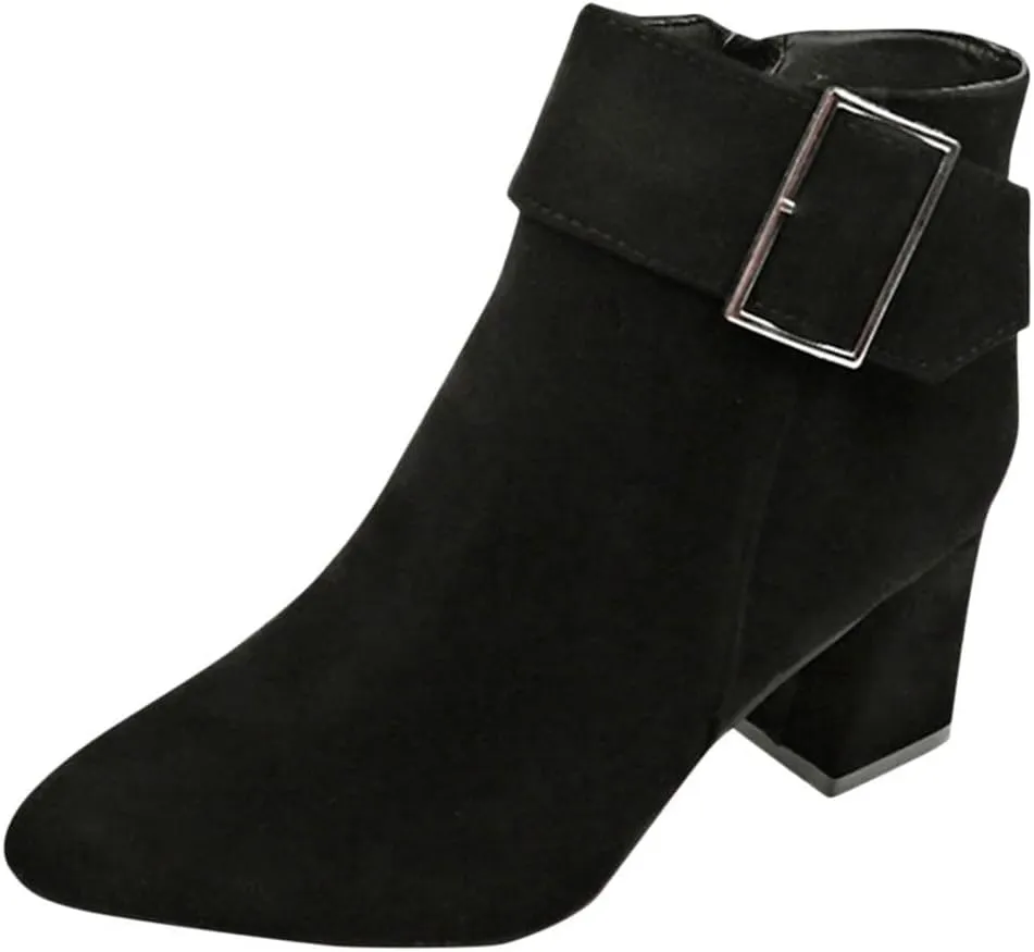 Chunky Mid Heel Ankle Boots for Women, Fashion Pointed Toe Suede Booties-Elegant Dress Short Boot Fall Winter Zipper Bootie