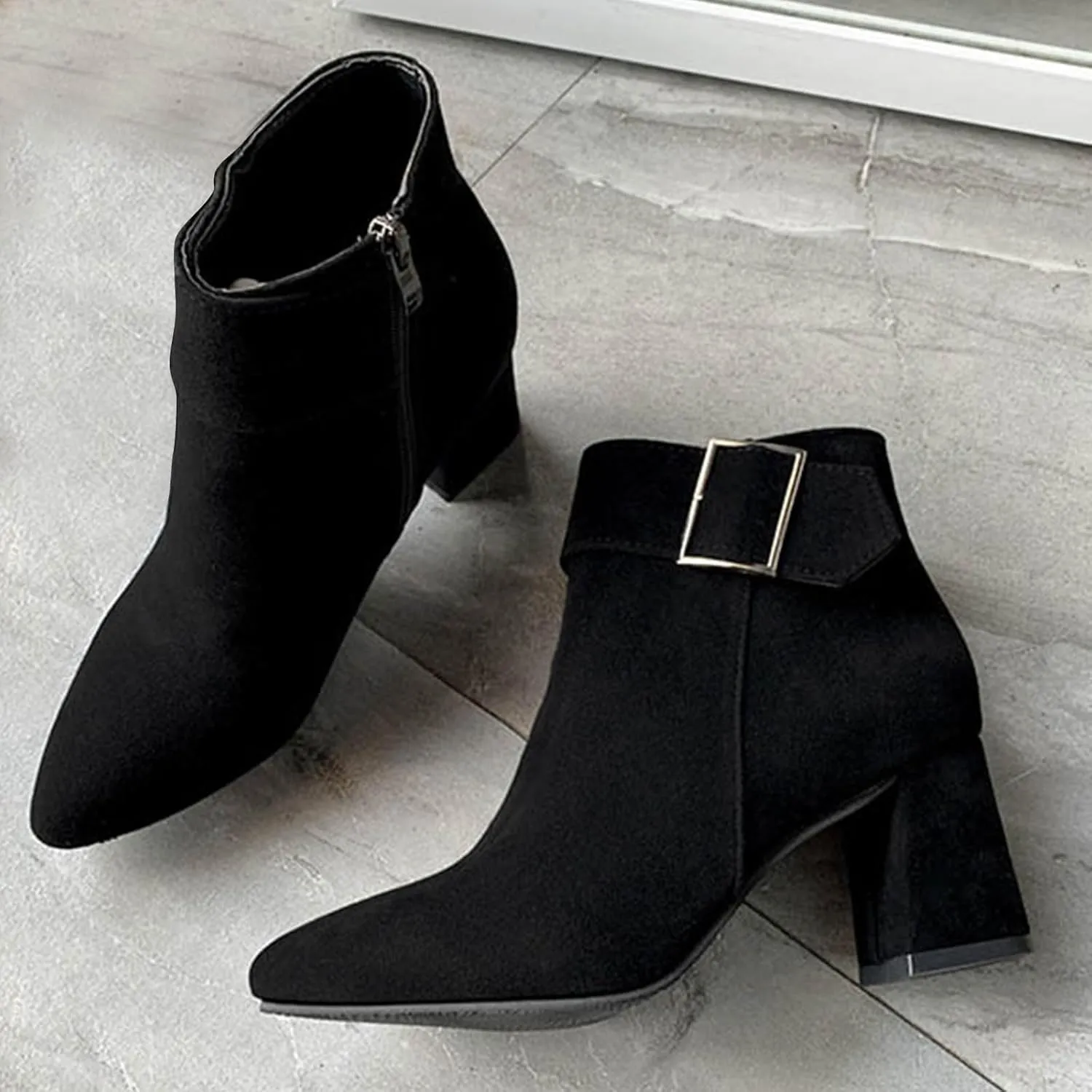 Chunky Mid Heel Ankle Boots for Women, Fashion Pointed Toe Suede Booties-Elegant Dress Short Boot Fall Winter Zipper Bootie