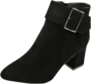 Chunky Mid Heel Ankle Boots for Women, Fashion Pointed Toe Suede Booties-Elegant Dress Short Boot Fall Winter Zipper Bootie
