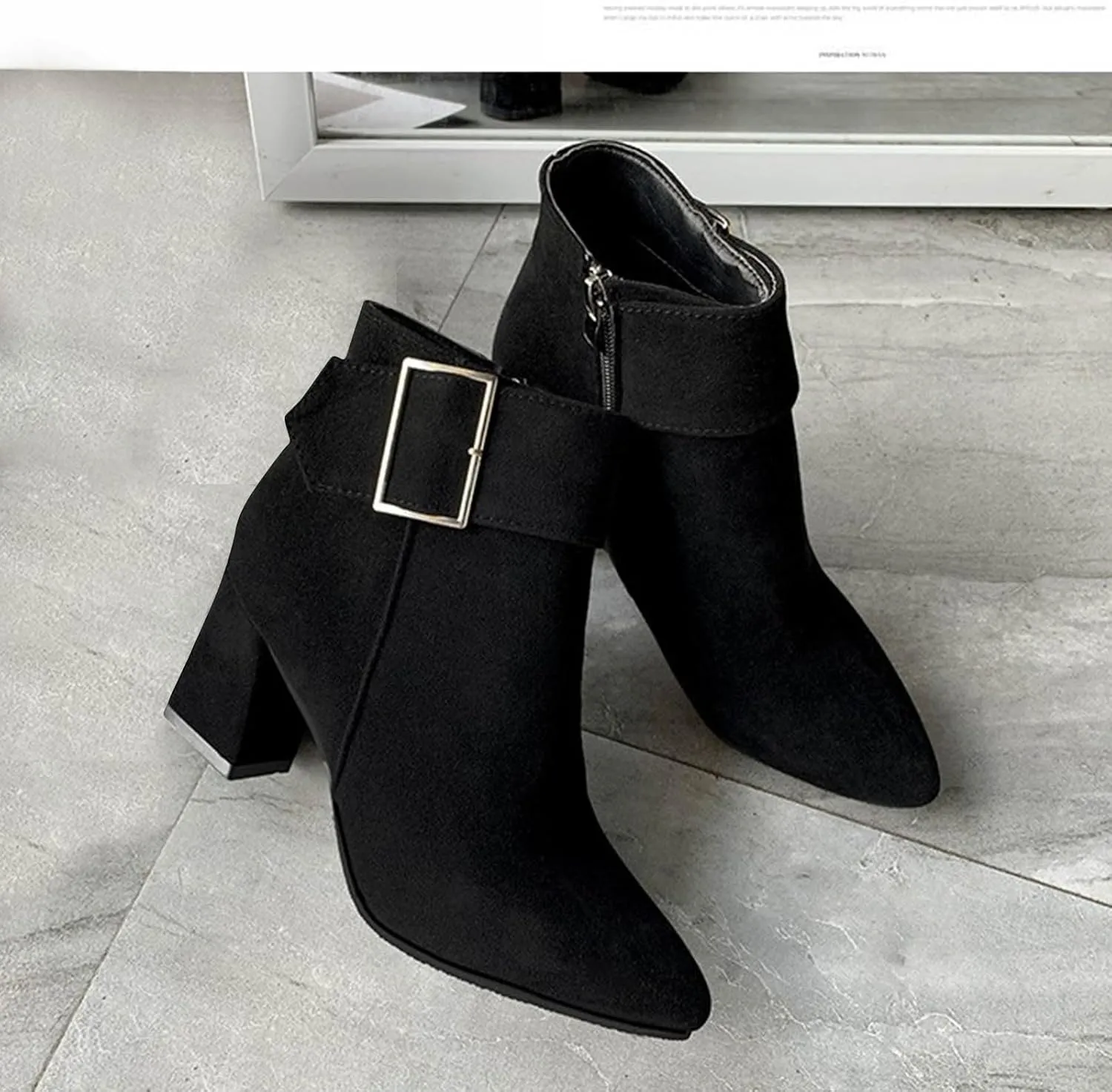 Chunky Mid Heel Ankle Boots for Women, Fashion Pointed Toe Suede Booties-Elegant Dress Short Boot Fall Winter Zipper Bootie