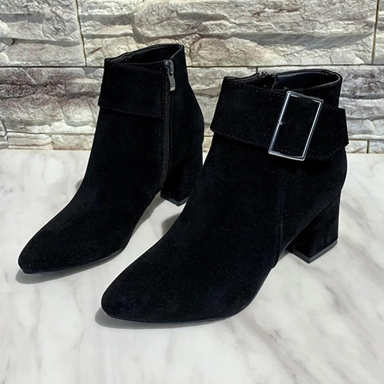 Chunky Mid Heel Ankle Boots for Women, Fashion Pointed Toe Suede Booties-Elegant Dress Short Boot Fall Winter Zipper Bootie