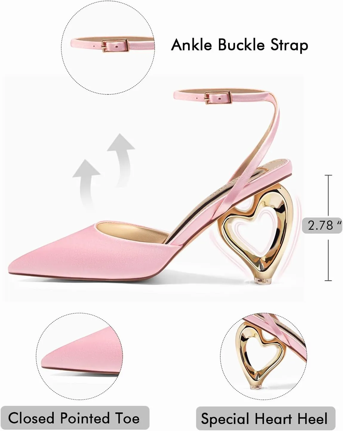 Coutgo Womens Kitten Heels Closed Pointed Toe Heart Heel Ankle Strap Satin Pumps Wedding Prom Dress Shoes