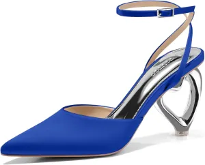 Coutgo Womens Kitten Heels Closed Pointed Toe Heart Heel Ankle Strap Satin Pumps Wedding Prom Dress Shoes