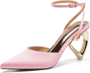 Coutgo Womens Kitten Heels Closed Pointed Toe Heart Heel Ankle Strap Satin Pumps Wedding Prom Dress Shoes