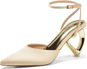Coutgo Womens Kitten Heels Closed Pointed Toe Heart Heel Ankle Strap Satin Pumps Wedding Prom Dress Shoes