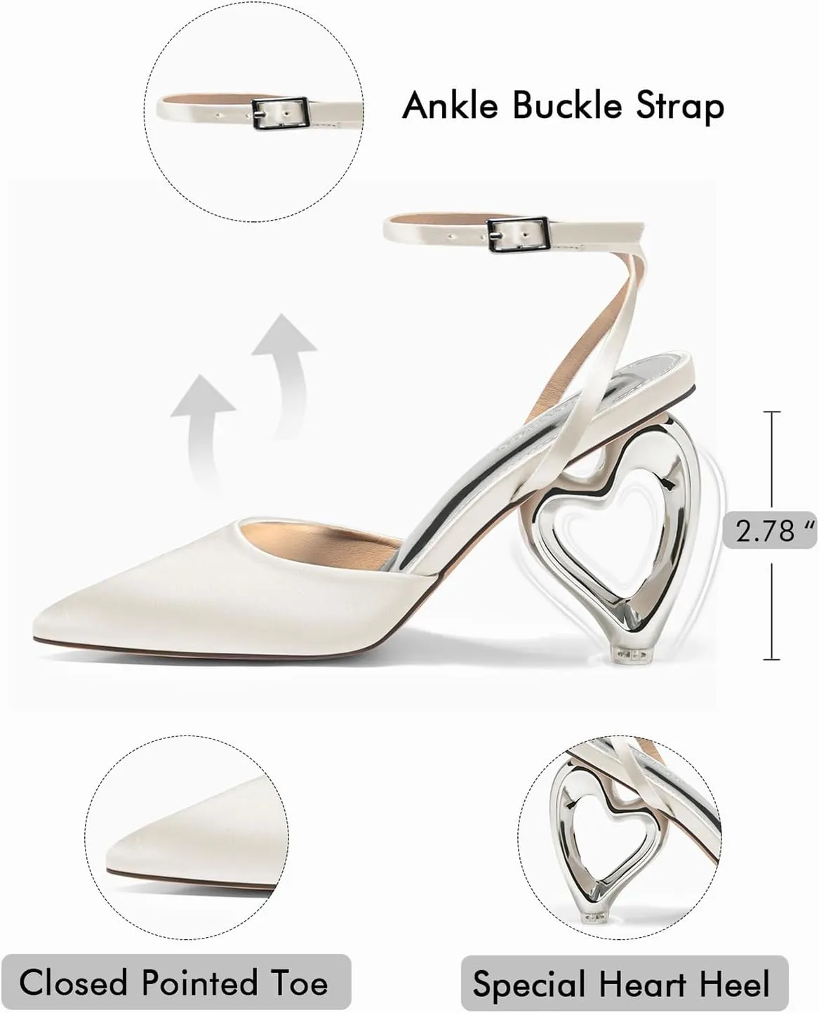 Coutgo Womens Kitten Heels Closed Pointed Toe Heart Heel Ankle Strap Satin Pumps Wedding Prom Dress Shoes