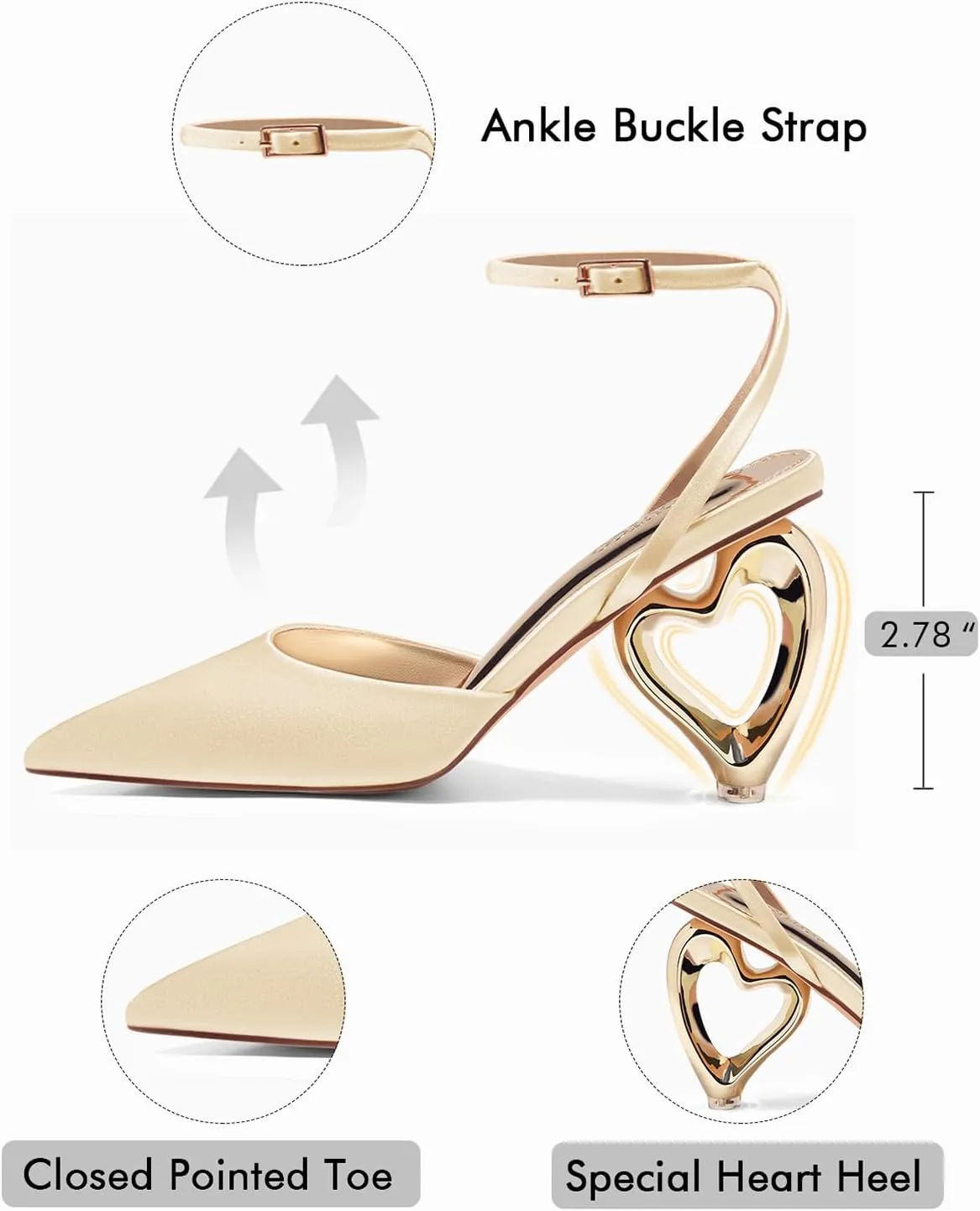 Coutgo Womens Kitten Heels Closed Pointed Toe Heart Heel Ankle Strap Satin Pumps Wedding Prom Dress Shoes