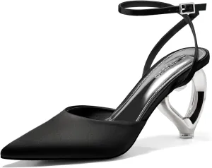 Coutgo Womens Kitten Heels Closed Pointed Toe Heart Heel Ankle Strap Satin Pumps Wedding Prom Dress Shoes