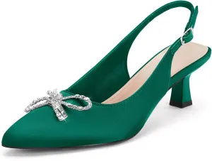 Coutgo Womens Kitten Heels Satin Pumps Slingback Pointed Toe Rhinestone Bow Wedding Dress Shoes