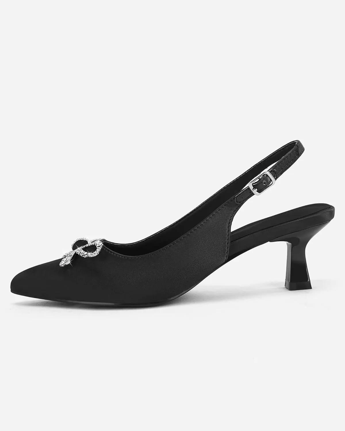 Coutgo Womens Kitten Heels Satin Pumps Slingback Pointed Toe Rhinestone Bow Wedding Dress Shoes