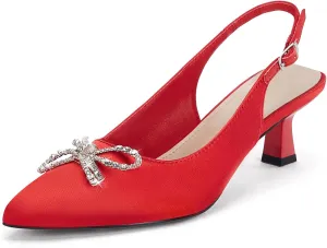 Coutgo Womens Kitten Heels Satin Pumps Slingback Pointed Toe Rhinestone Bow Wedding Dress Shoes