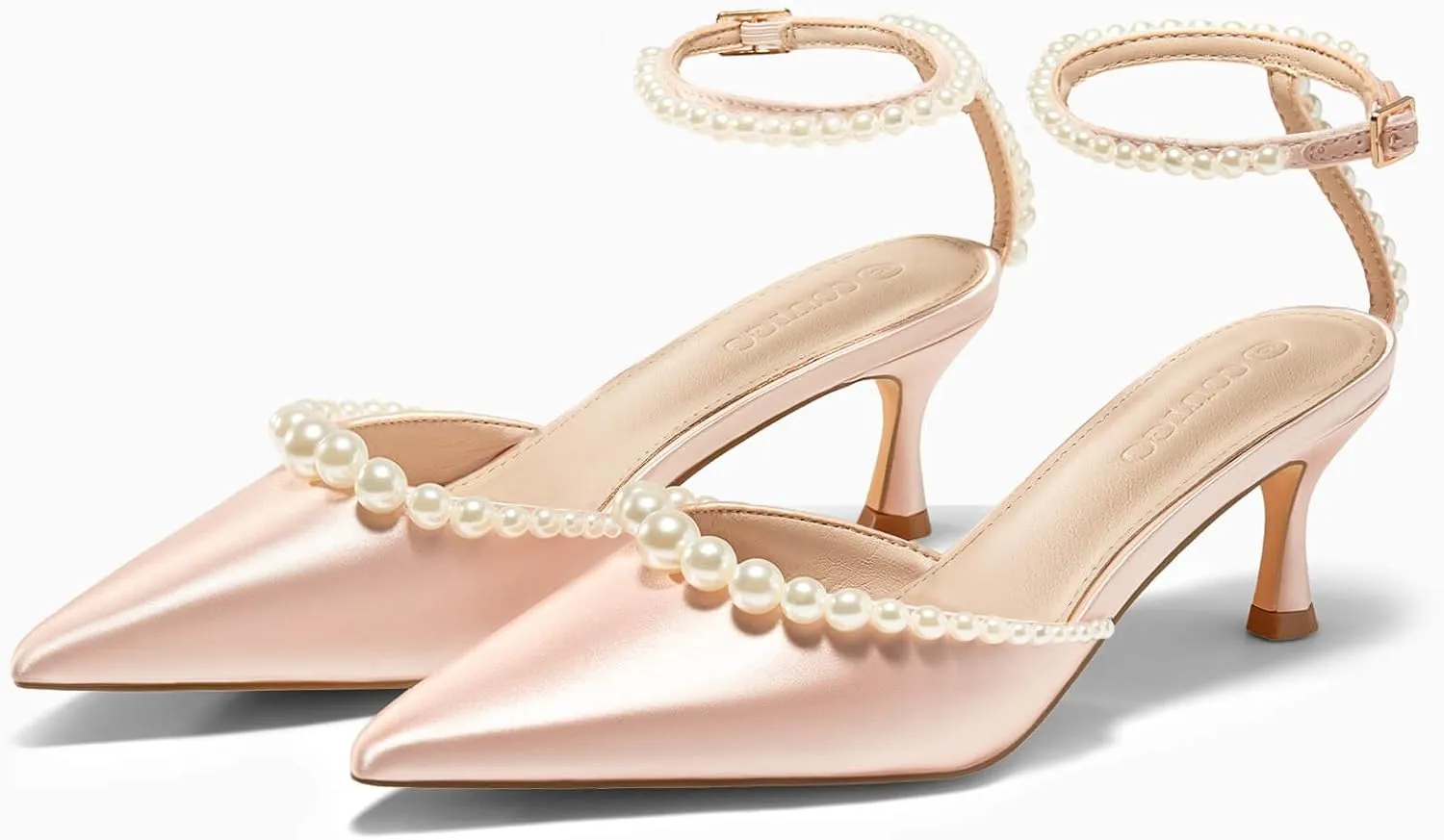 Coutgo Womens Pearl Kitten Heels Closed Pointed Toe Wedding Bride Dress Shoes Ankle Strap Satin Pumps