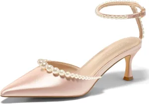 Coutgo Womens Pearl Kitten Heels Closed Pointed Toe Wedding Bride Dress Shoes Ankle Strap Satin Pumps